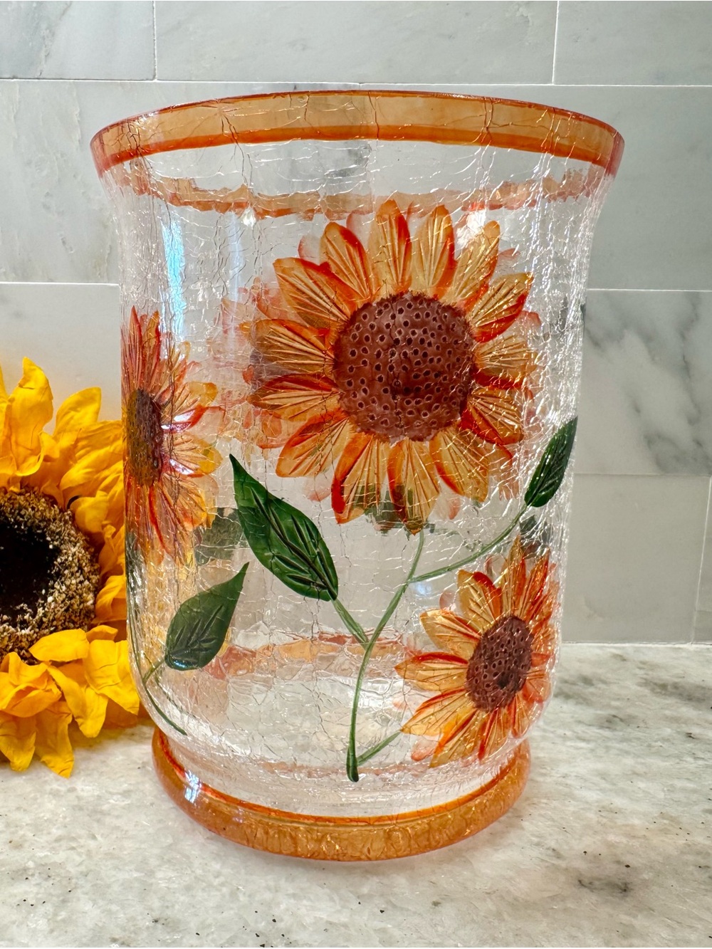 New Yankee Candle Summer Fall Sunflower Crackle Glass Hurricane Candle Holder 7”